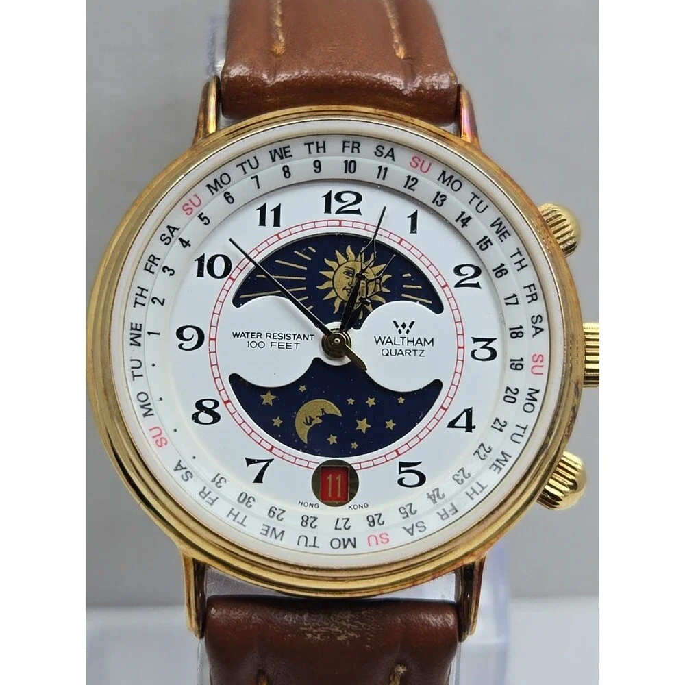 Waltham XF9020B Vintage Mens Sun Moon Calendar Goldtone Quartz Watch New Battery